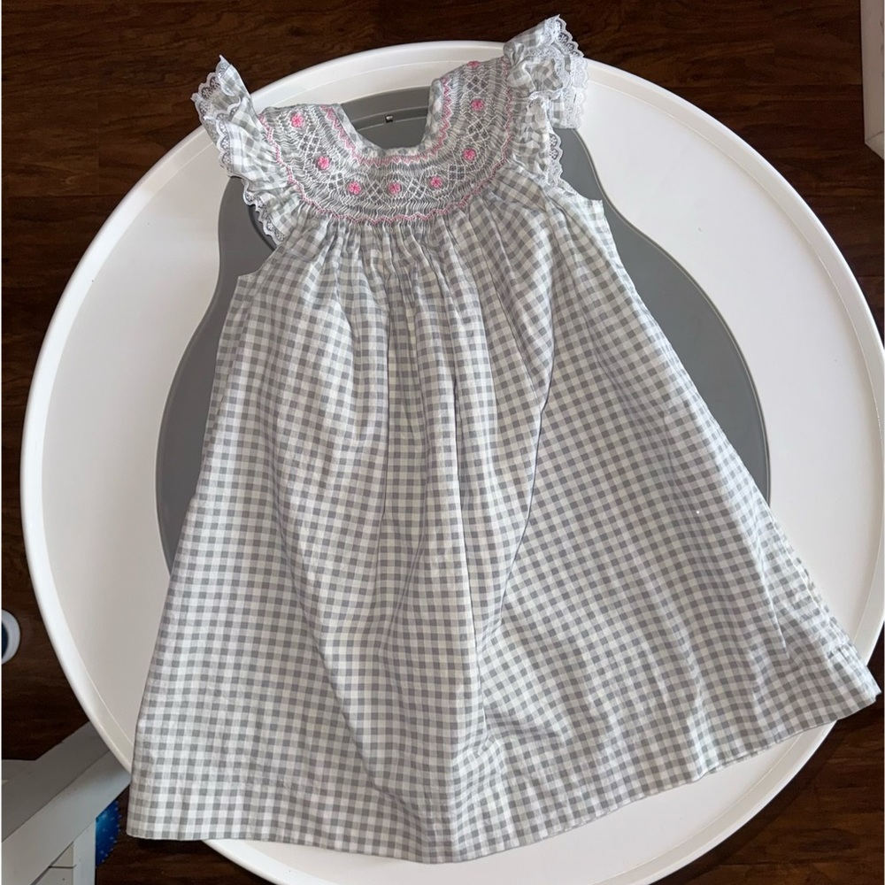Bishop Smocked Gingham Sleeveless Baby Dress in Gray with Pink Embroidery